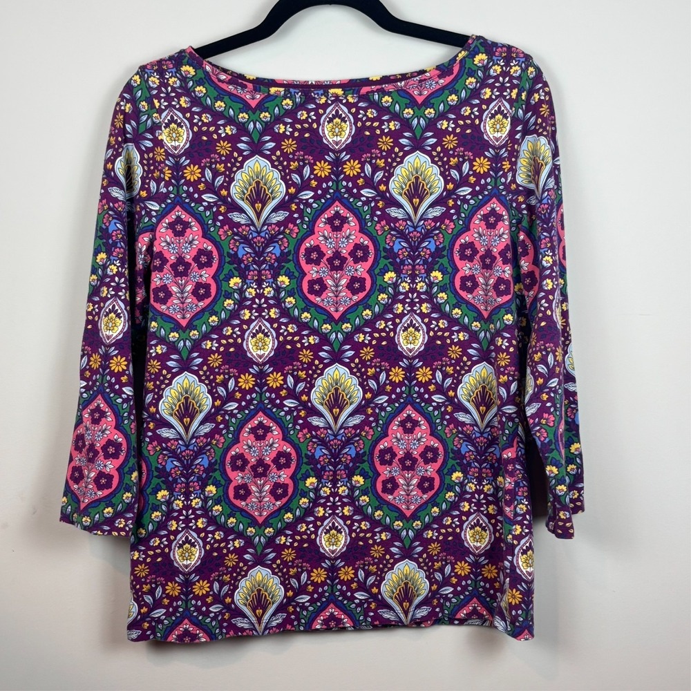 Talbots the Talbots Tee Boat Neck Pink Paisley Boho 3/4 Sleeve Top Womens Medium